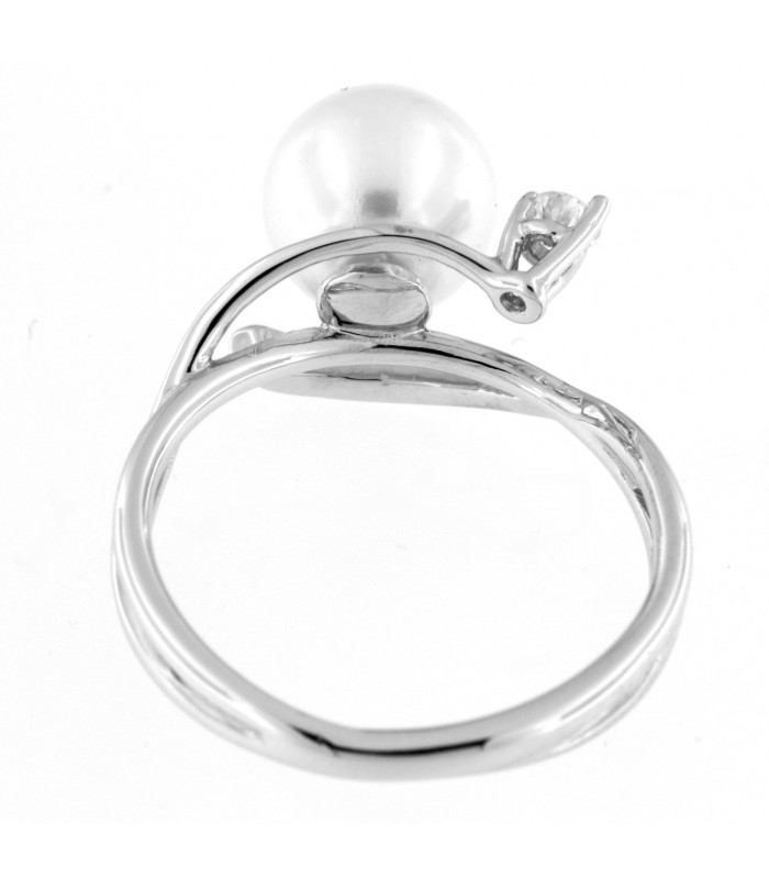 Anello intrecciato con perla akoya Ø8-8.5 in oro bianco con diamante 0,07ct. G VS2