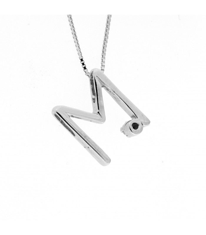 Lettera M in oro bianco 18kt e diamante 0.02ct completa di collana in oro 18kt