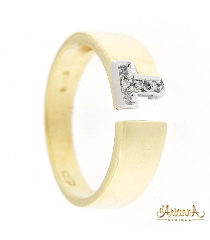 Anello in oro giallo 18kt con iniziale T e diamanti 0,03ct.