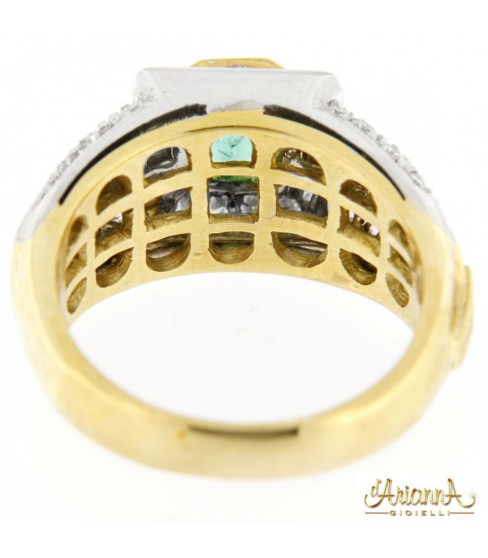 Anello in oro bicolore giallo e bianco 18kt con Smeraldo 0,71ct e diamanti 0.80 ct