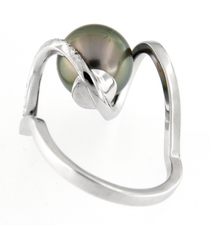 Anello in oro bianco 18kt con perla Tahiti 10-10.5 e diamanti 0,11ct  G VS2