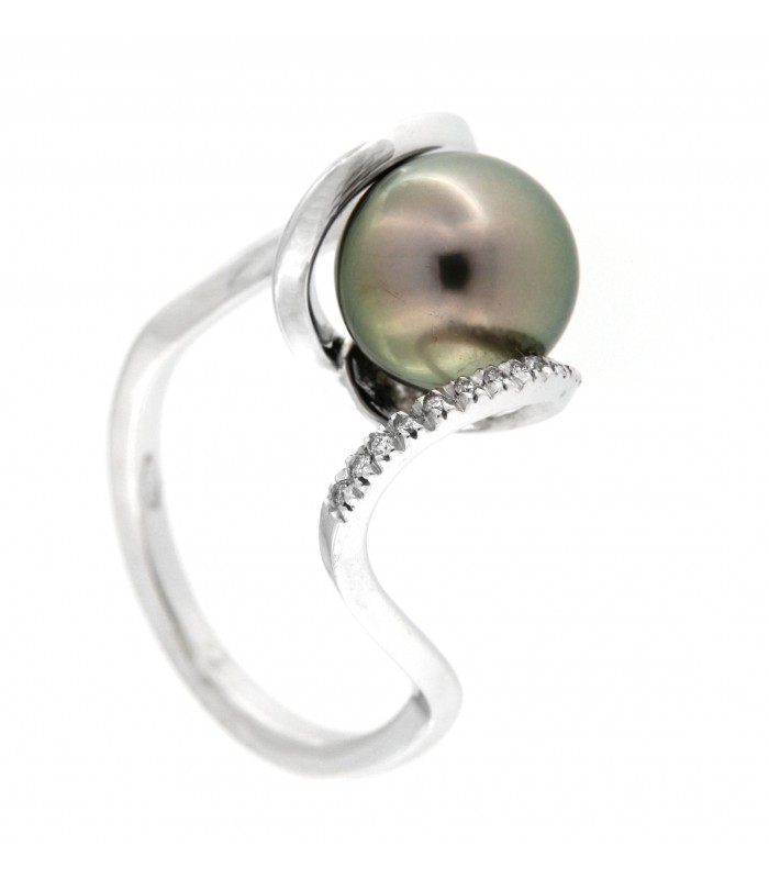 Anello in oro bianco 18kt con perla Tahiti 10-10.5 e diamanti 0,11ct  G VS2