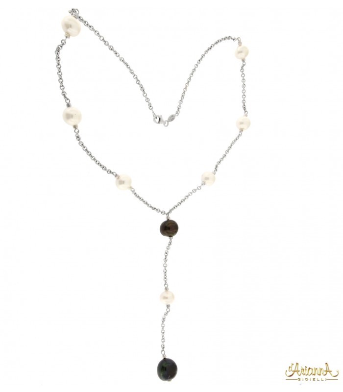 Collana in oro bianco 18kt intercalata con PERLE TAHITI BIANCHE E NERE